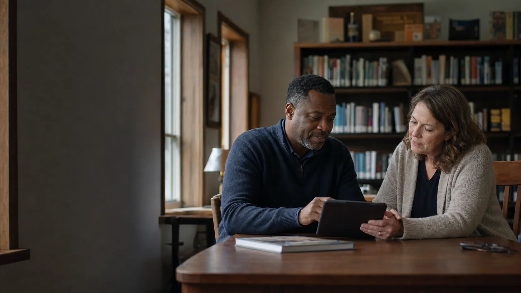 A health access guide and a resident review care options on a tablet in a library