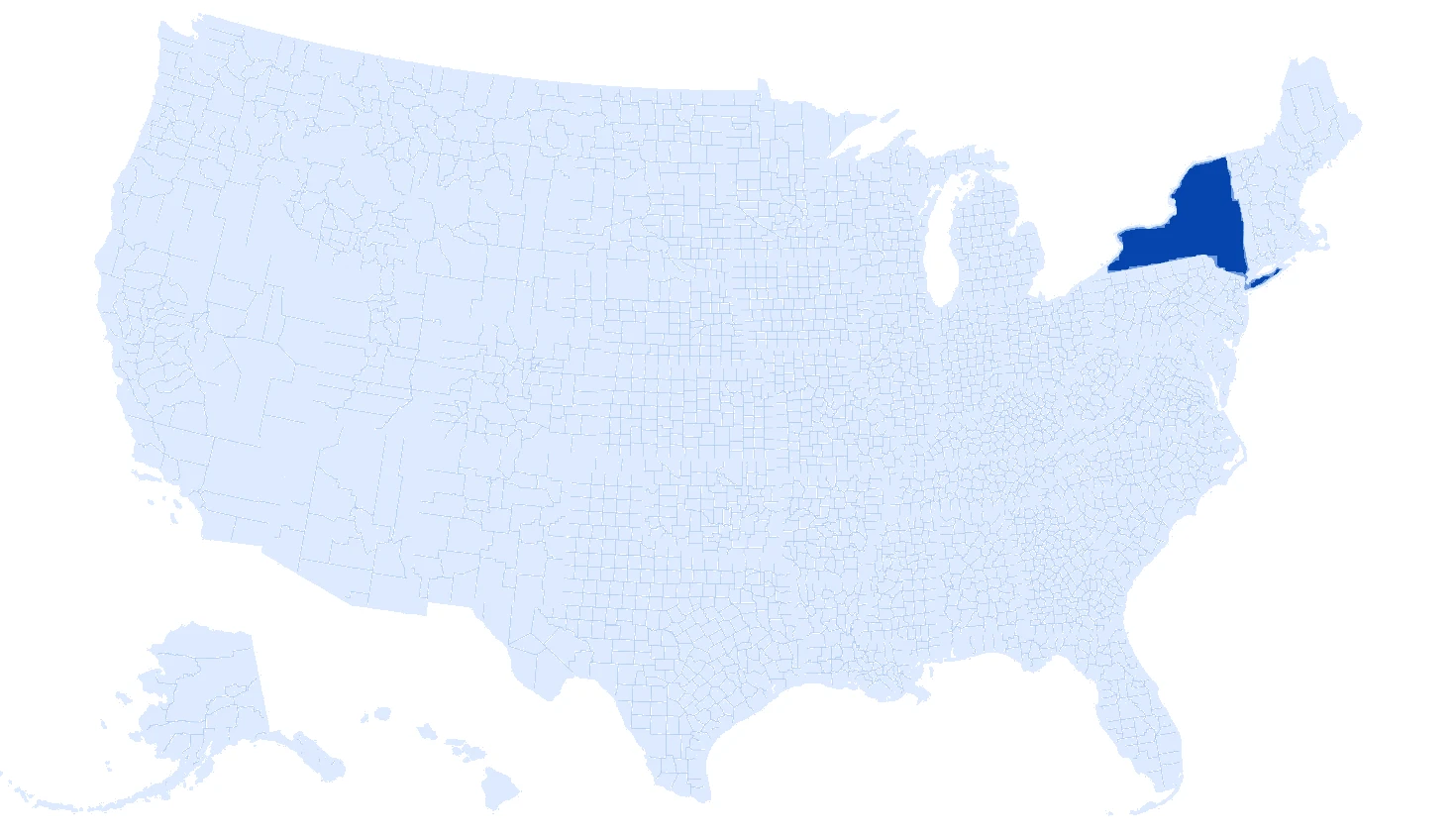 Map of United States counties with New York State highlighted